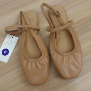 Slingback Ballet Flats Womens 6 Tan Neutral Soft Prep Scrunch Toe A NEW DAY